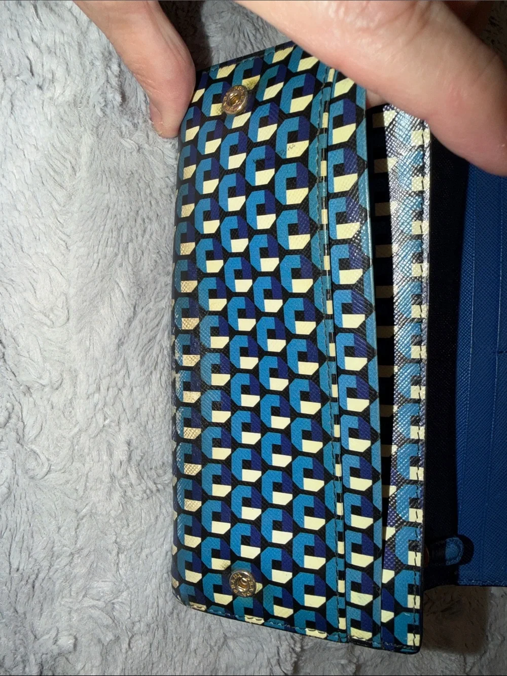 Prada Blue Geometric Print Leather Clutch Wallet
